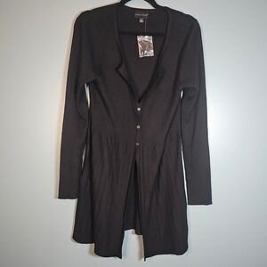 DIALOGUE Black Ribbed Knit Midi Dress Belted Button Front Size M